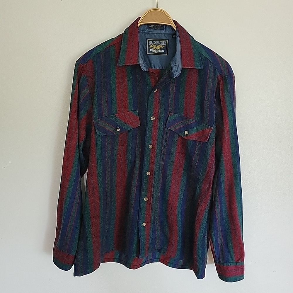 Backpacker Vintage Flannel Shirt Medium Striped Button Up Casual Outdoor Western